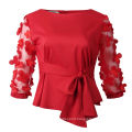 Large Size O-neck Petal Sleeve Bowtie Patchwork See Through Lady Blouse